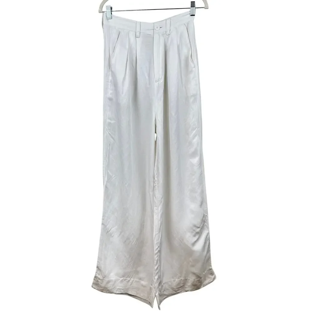 Anine Bing Carla Pants Wide Leg High Rise Trousers Linen Blend White S Luxury